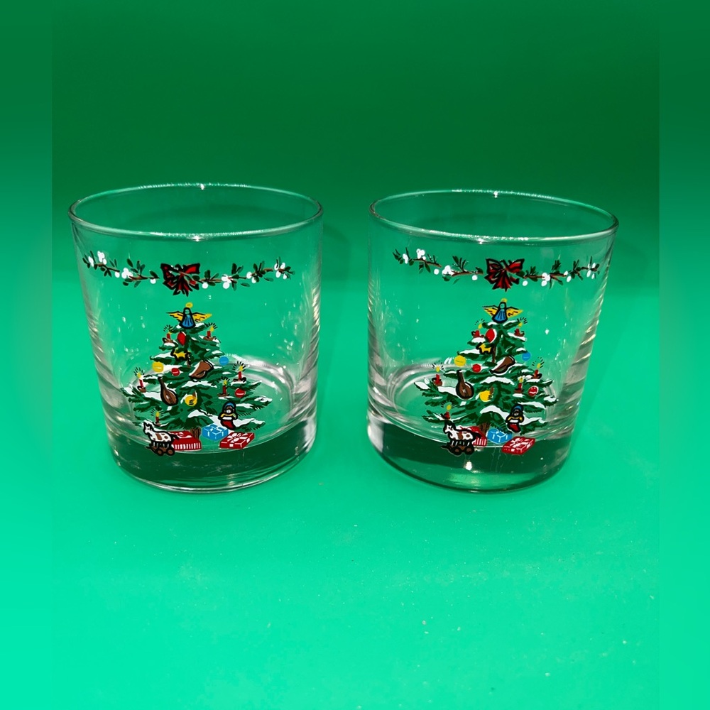 Vintage Lowball Christmas Tree Presents Angel Set of 2 glasses